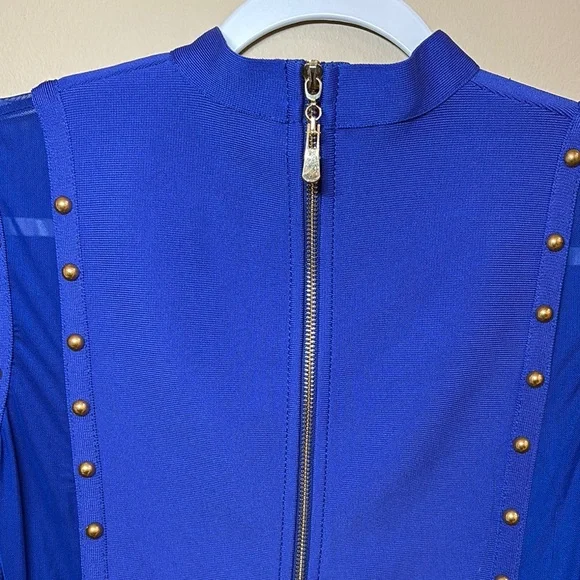 Blue Gold Embellished Bodycon Dress Mock Neck - Picture 4 of 5